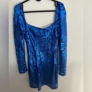 Blue Square Neck Sequin PROM Dress